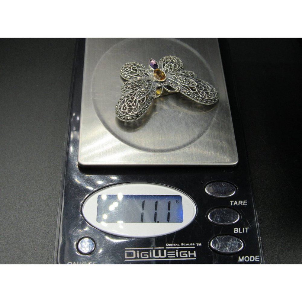 Sterling Silver Citrine Amethyst Marcasite Butterfly Pin Brooch - Picture 7 of 7